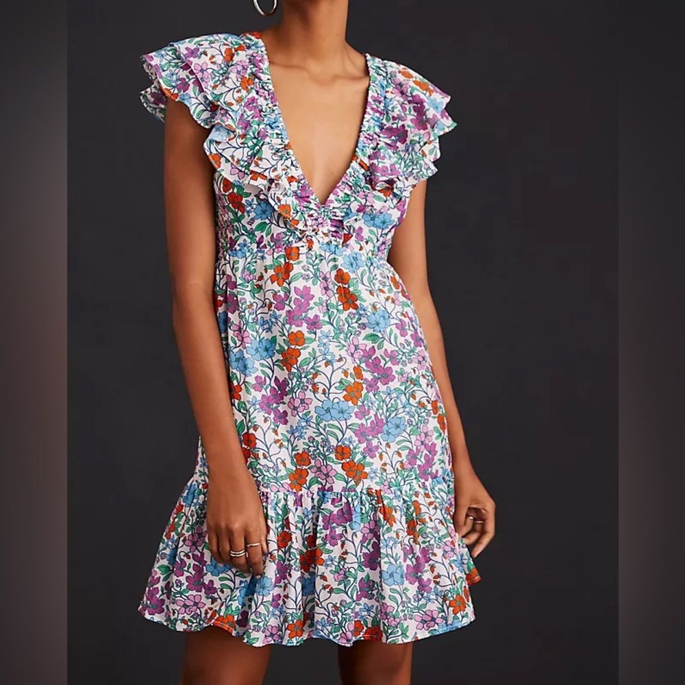 Roller Rabbit Blomst Ondika Dress V Neck Ruffle Sleeves Sz M Boho Preppy Coastal